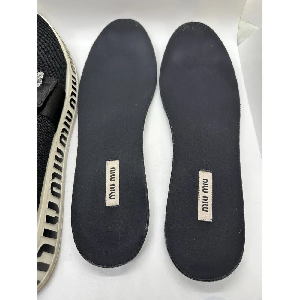 Miu Miu Black Fabric and‎ Satin Crystal Embellished Slip On Sneakers Size 40